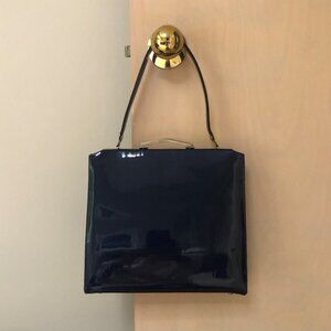 VTG Blue Patent Leather Handbag Gold Tone Hardware & Gold Fabric Lining